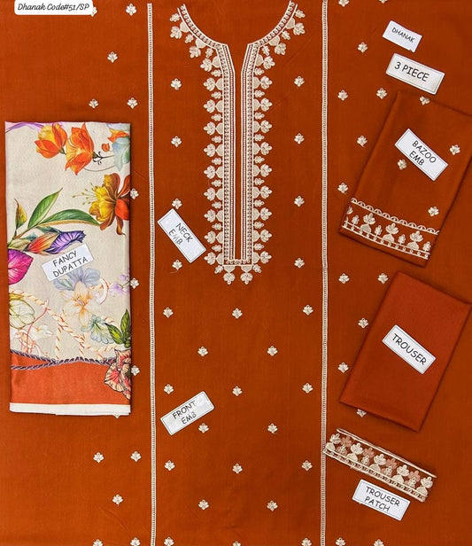 PREMIUM CROSS STICH EMBROIDERED DHANAK UNSTITCHED 3PC SUIT