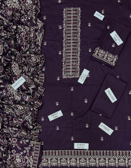 PREMIUM BAREEZE 3 PIECE DHANAK EMBROIDERED UNSTITCHED SUIT