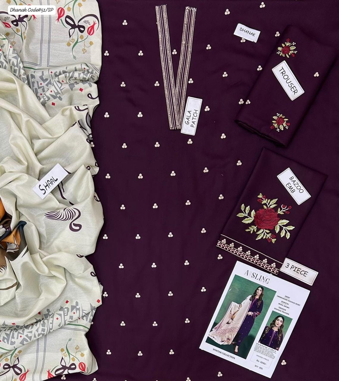 URGE | DHANAK 3 PIECE EMBROIDED UNSTITCHED WINTER SUIT