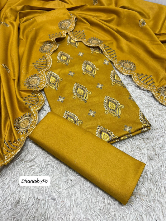 DHANAK | PREMIUM 3 PIECE HEAVY EMBROIDED UNSTITCHED WINTER SUIT