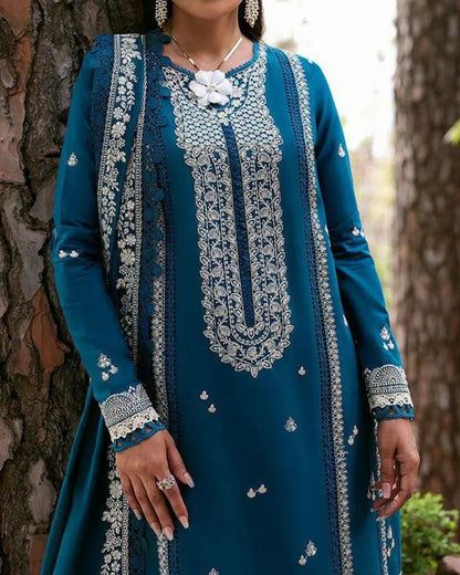 PREMIUM REPUBLIC WOMENS WEAR 3PC EMBROIDERED DHANAK UNSTITCHED SUIT