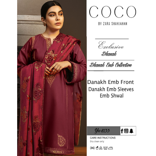 COCO PREMIUM ZARA SHAHJAHAN DHANAK 3PC EMBROIDERED SUIT