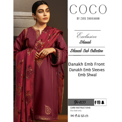 COCO PREMIUM ZARA SHAHJAHAN DHANAK 3PC EMBROIDERED SUIT