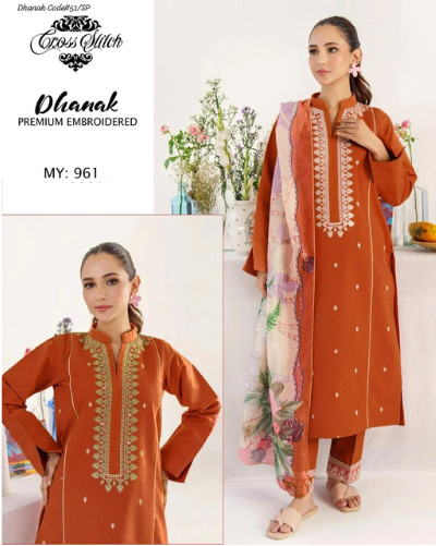 PREMIUM CROSS STICH EMBROIDERED DHANAK UNSTITCHED 3PC SUIT