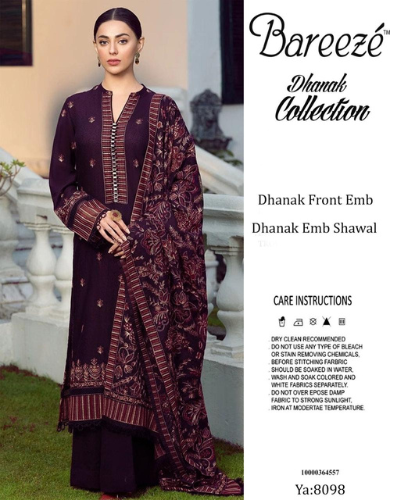 PREMIUM BAREEZE 3 PIECE DHANAK EMBROIDERED UNSTITCHED SUIT