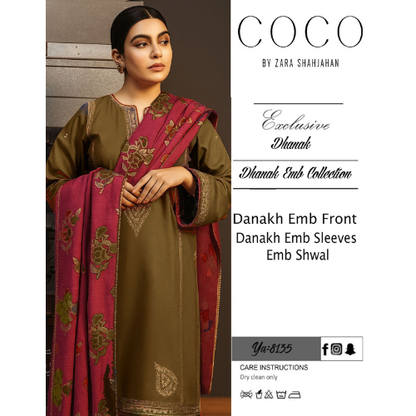 COCO PREMIUM ZARA SHAHJAHAN DHANAK 3PC EMBROIDERED SUIT