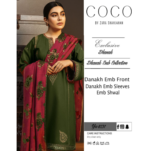 COCO PREMIUM ZARA SHAHJAHAN DHANAK 3PC EMBROIDERED SUIT