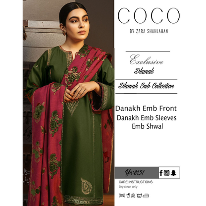 COCO PREMIUM ZARA SHAHJAHAN DHANAK 3PC EMBROIDERED SUIT