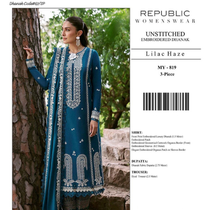 PREMIUM REPUBLIC WOMENS WEAR 3PC EMBROIDERED DHANAK UNSTITCHED SUIT