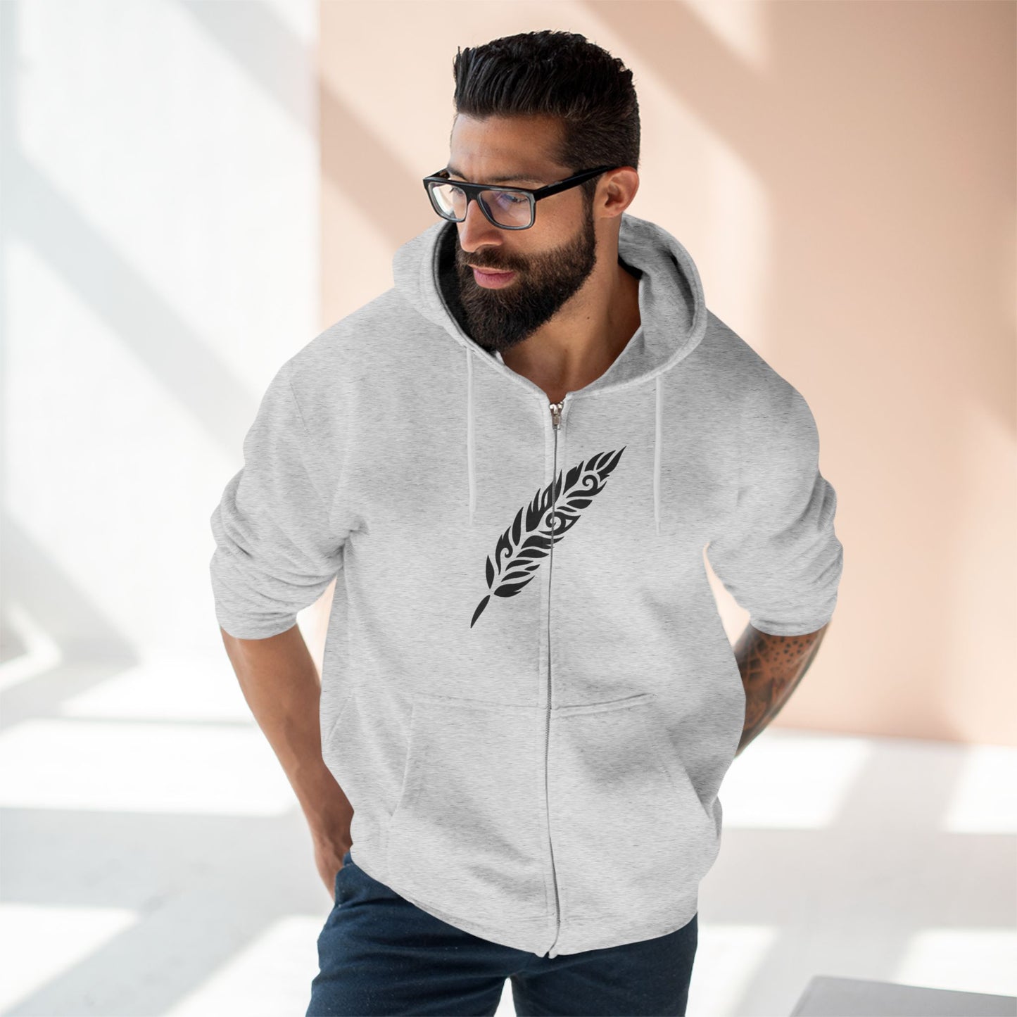 "TRIBAL FEATHER / ZIPPER HOODIE"