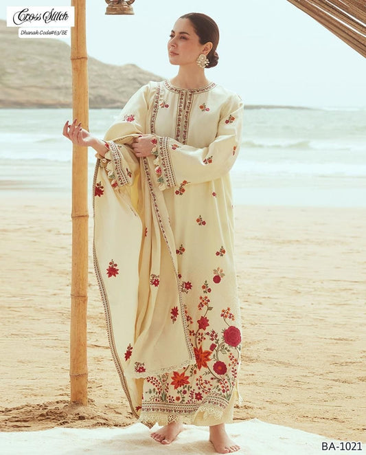 CROSS STITCH EXCLUSIVE EMBROIDERED DHANAK UNSTITCHED 3PC SUIT
