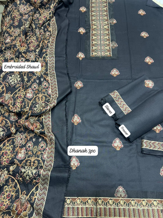 BAREEZE 3PC DHANAK SUIT WITH HEAVY EMBROIDERED SHAWL