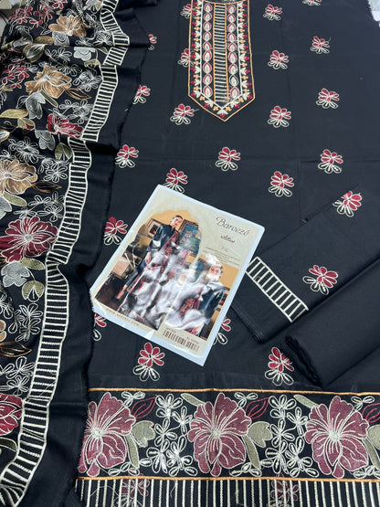 BAREEZE 3PC DHANAK SUIT WITH HEAVY EMBROIDERED SHAWL