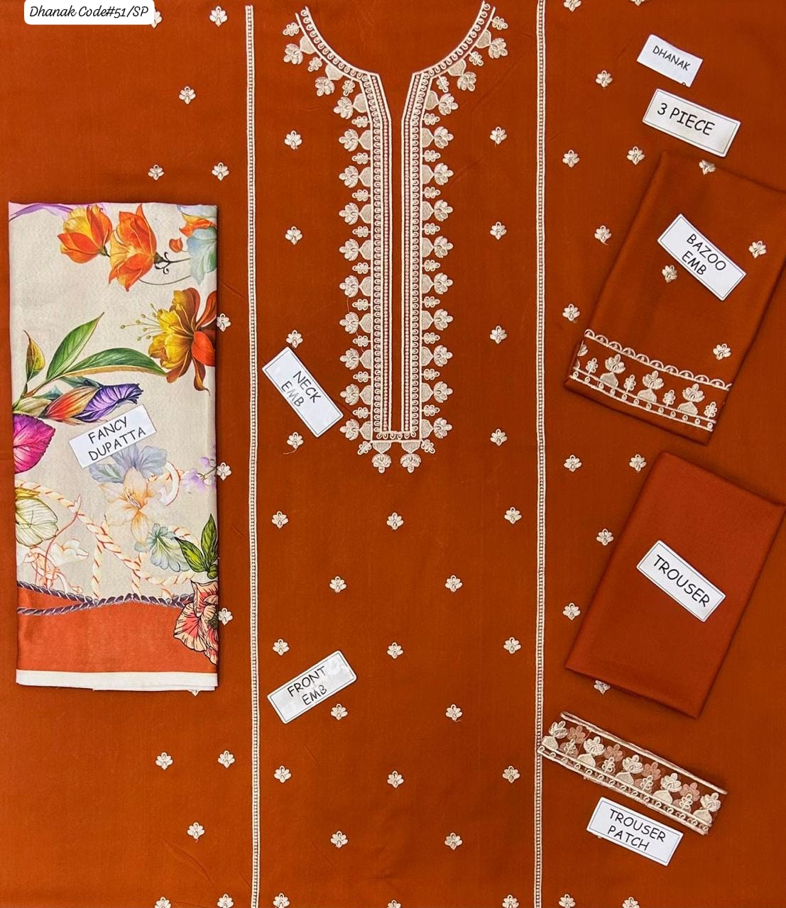 PREMIUM CROSS STICH EMBROIDERED DHANAK UNSTITCHED 3PC SUIT