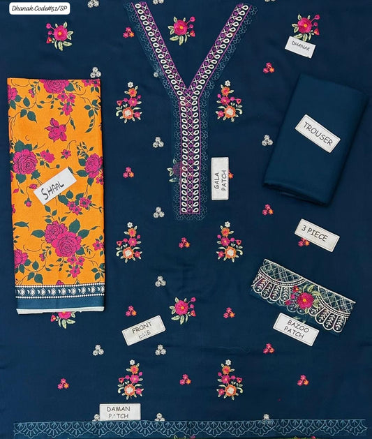PREMIUM DHANAK 3PC EMBROIDERED SUIT