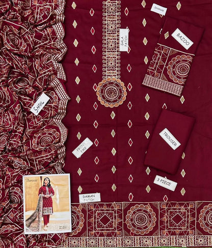 PREMIUM BAREEZE 3 PIECE DHANAK EMBROIDERED UNSTITCHED SUIT