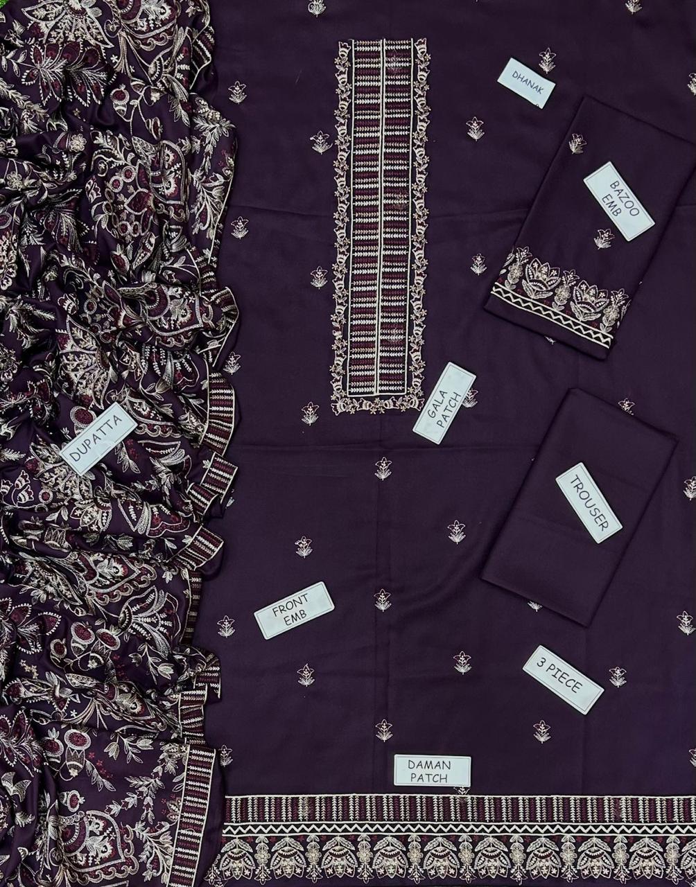 PREMIUM BAREEZE 3 PIECE DHANAK EMBROIDERED UNSTITCHED SUIT