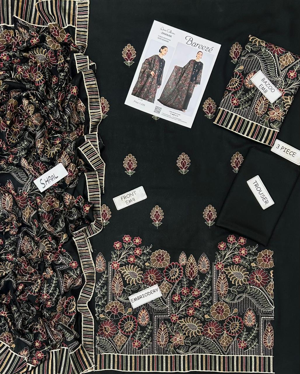 PREMIUM BAREEZE 3 PIECE DHANAK EMBROIDERED UNSTITCHED SUIT