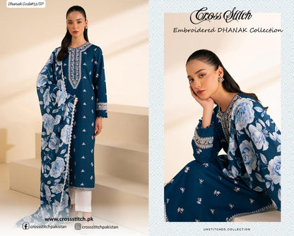 PREMIUM CROSS STICH EMBROIDERED DHANAK UNSTITCHED 3PC SUIT