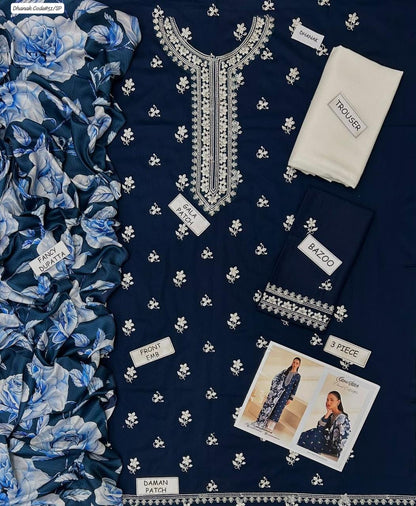 PREMIUM CROSS STICH EMBROIDERED DHANAK UNSTITCHED 3PC SUIT