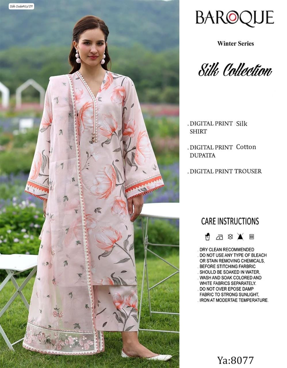 BAROQUE LUXURY SILK DIGITAL PRINT WITH EMBROIDED DUPATTA DRESS | 3PEC UNSTICHED.