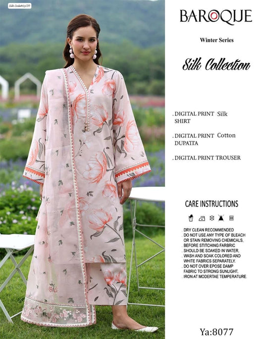BAROQUE LUXURY SILK DIGITAL PRINT WITH EMBROIDED DUPATTA DRESS | 3PEC UNSTICHED.