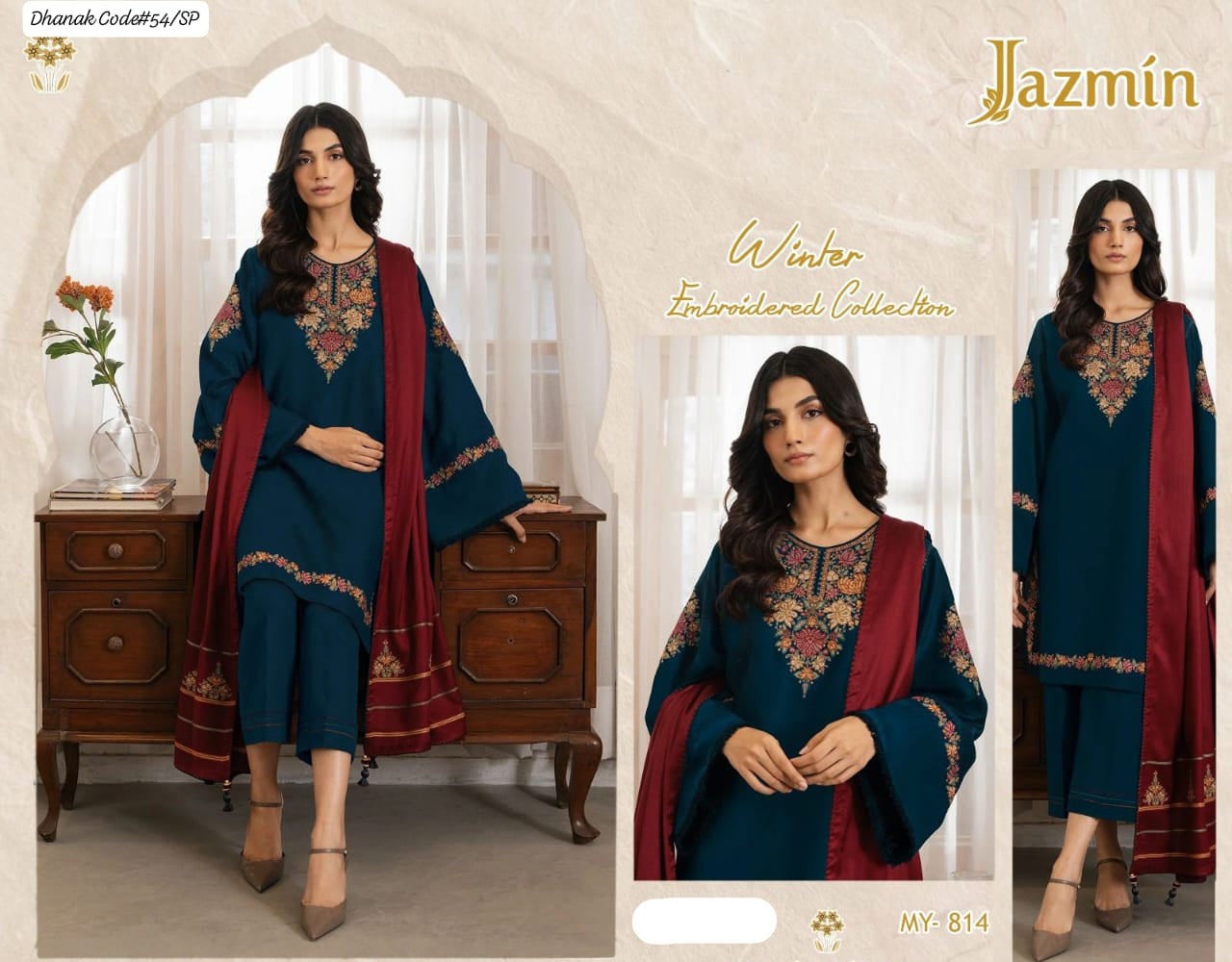 JAZMIN | DHANAK 3 PIECE EMBROIDED UNSTITCHED WINTER SUIT