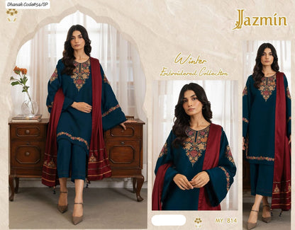 JAZMIN | DHANAK 3 PIECE EMBROIDED UNSTITCHED WINTER SUIT
